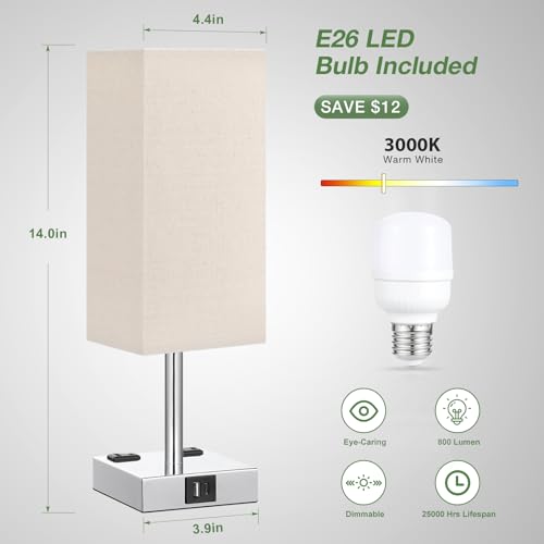 Beige Touch Lamps Set of 2 for Bedroom - Dimmable, USB C+A, 2 AC Outlets | 3-Way Dimming, 3000K LED Bulbs Included, Square Beige Lampshade Silver Base, Small Bedside Lamp for Nightstand, Desk, Dorm - color: Beige-Silver