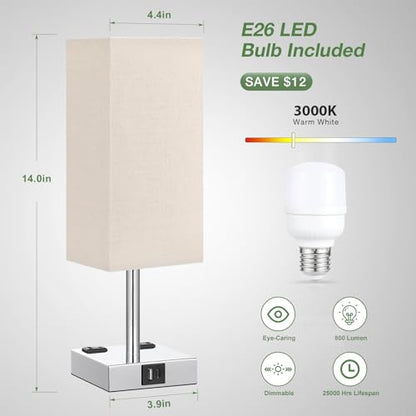 Beige Touch Lamps Set of 2 for Bedroom - Dimmable, USB C+A, 2 AC Outlets | 3-Way Dimming, 3000K LED Bulbs Included, Square Beige Lampshade Silver Base, Small Bedside Lamp for Nightstand, Desk, Dorm - color: Beige-Silver