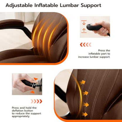 Ylzyxal Office Desk Chair, Ergonomic Computer Chair with Padded Flip-Up Arms and Adjustable Lumbar Support, PU Leather Executive Chair with Tilt Lock and 360° Swivel Rolling Wheels for Work, Study - color: Darkbrown