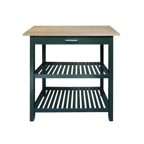 Kitchen Island with Solid Wood Top, Natural/Hunter Green - color: Hunter Green