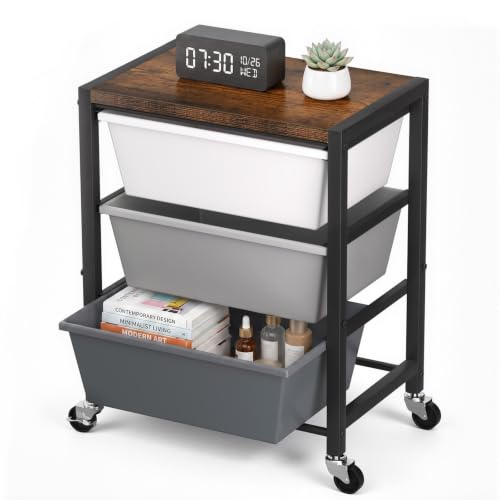 Rolling Cart with 3 Drawers, Plastic Drawer Storage Carts with Lockable Wheels & Wooden Tabletop, Metal Art Craft Utility Cart Organizer for Home Office Bedroom Dorm Bedside Classroom, Dark Gray - color: Dark Grey