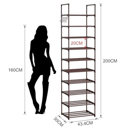 Tall 10 Tier Shoe Rack - 20-24 Pair Storage, Sturdy Metal Shoe Organizer with Hooks for Closet, Entryway, Brown - color: Brown