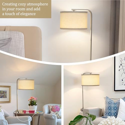 Table Lamp for Living Room, Modern Bedside Lamp with USB C+A Ports, Fully Dimmable Nightstand Lamp with Beige Drum Shade, Silver Finish Side Table Lamp for Bedroom Office, 3000K LED Bulb Included - color: Silver