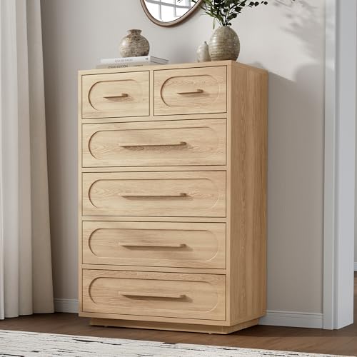 YANSNWO Natural 6 Drawer Dresser for Bedroom, 44" Tall Dressers & Chest of Drawers with Solid Wood Handles, Mid Century Modern Dresser for Bedroom, Living Room, Hallway - color: Natural, size: 15.7"D x 29.3"W x 44"H (6 Drawers)