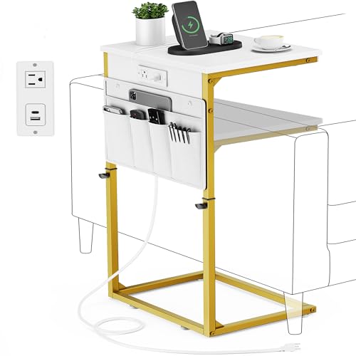 Vagusicc C-Shaped End Table with Charging Station, Small Side Table for Couch, 33" Tall C Table Adjustable Height Side Table, Couch Tables that Slide Under, Sofa Table TV Tray for Living Room, Golden - color: 1pc Golden