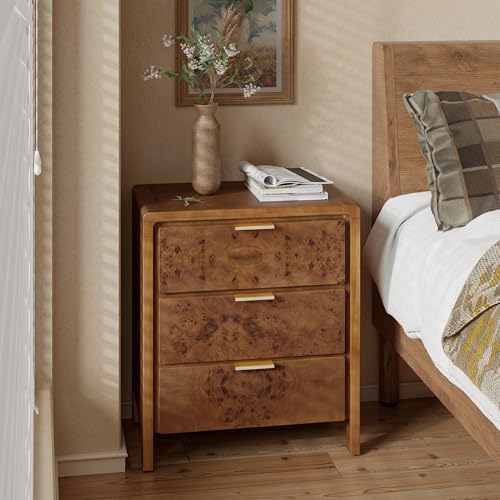 COZAYH Farmhouse Nightstand with 3 Drawer, Distressed Wood Rustic Accent Dresser, Burl Finish Bedside Table for Bedroom, Entryway, Fully Assembled, Brown - color: Dark Brown, size: 3 Drawer-No USB