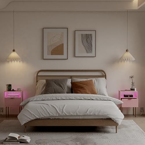 JOONEE Modern Nightstand with Charging Station and LED Lights, White Bedside Table with Drawer, Fluted Side Table for Living Room, Bedroom - color: Pink
