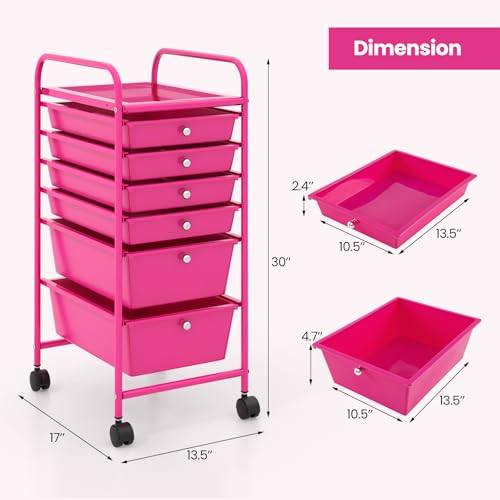 DREAMADE Rolling Cart with Storage Drawers, Utility Cart w/Removable Plastic Drawers, Lockable Wheels, Art Cart for Classroom Organization Art Supplies Office Scrapbook (6 Drawers, Hot Pink) - color: Hot Pink, style: 6 Drawers