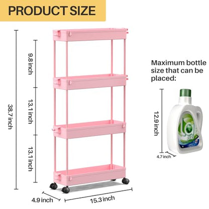 SPACEKEEPER Slim Rolling Storage Cart 4 Tier Bathroom Organizer Utility Cart Mobile Shelving Unit Tower Rack for Kitchen, Laundry Room, Bathroom, Narrow Places, Pink - color: Pink