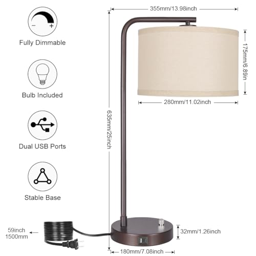 Table Lamps Set of 2, Fully Dimmable Bedside Lamp with USB C+A Charging Ports, Modern Nightstand Lamps with Linen Fabric Shades, Tall Desk Lamp for Bedroom, Living Room, Office, LED Bulb Included - color: Brown 2 Pack