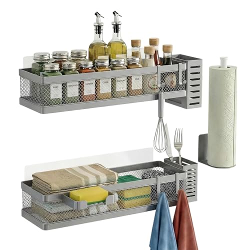 PUSDON 5-in-1 16.5" Extra Long Slim Wall Mount Wrapped Mesh Kitchen Organizer & Shower Caddy Kit, with Paper Towel Holder, Utensil Holder, Soap Dish, Holds 50LBS - Silver Gray, Netting - color: Silver Grey, size: 5-in-1 Full Mesh (16.5" Extra Long)
