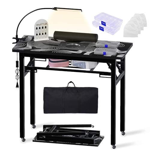 Portable Foldable Manicure Table with Dust Collector, Rolling Nail Tech Desk with LED Lamp, Wrist Rest, Lockable Wheels & Carrying Case for Home Salon, Travel & Mobile Nail Techs (Black White Wave) - color: Black White Wave
