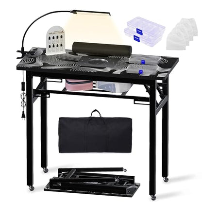 Portable Foldable Manicure Table with Dust Collector, Rolling Nail Tech Desk with LED Lamp, Wrist Rest, Lockable Wheels & Carrying Case for Home Salon, Travel & Mobile Nail Techs (Black White Wave) - color: Black White Wave