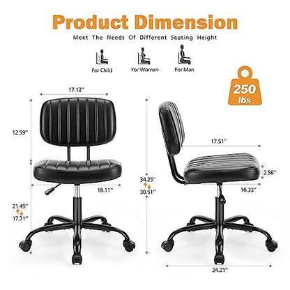 Sweetcrispy Small Office Desk Chair, Armless PU Leather with Comfy Lumbar Support, Height Adjustable Rolling Swivel Task for No Arms, for Adult, Student, Bedroom, Home, Vanity, Black - color: Dark Black
