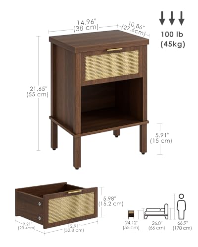 Rattan Nightstand with Drawer and Open Shelf, Boho Side Table with Gold Handle, Small Night Stand, Modern Bedside Table for Bedroom, Walnut - color: Walnut