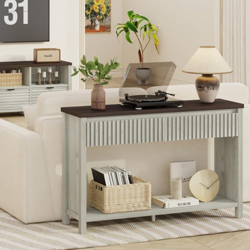 BON AUGURE 47In Entryway Table with Drawers, Sofa Tables with Storage | Console Tables for Entryway, Two-Tier Narrow Hallway Tables, Modern Fluted Panel, Walnut and Washed Grey Oak - color: Walnut & Washed Grey