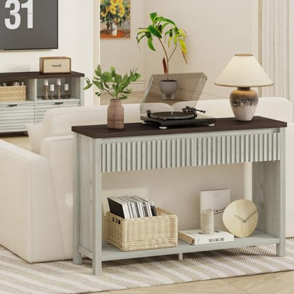 BON AUGURE 47In Entryway Table with Drawers, Sofa Tables with Storage | Console Tables for Entryway, Two-Tier Narrow Hallway Tables, Modern Fluted Panel, Walnut and Washed Grey Oak - color: Walnut & Washed Grey