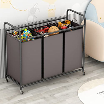 LINZINAR 3-Bag Laundry Sorter,Laundry Hamper Cart with Heavy Duty Rolling Lockable Wheels and Removable Bags (Brown) | Laundry Room Organization with Heavy Duty Rolling Lockable Wheels and Removable Bag, Bedroom Laundry Cart for Clothes Storage - size: 3