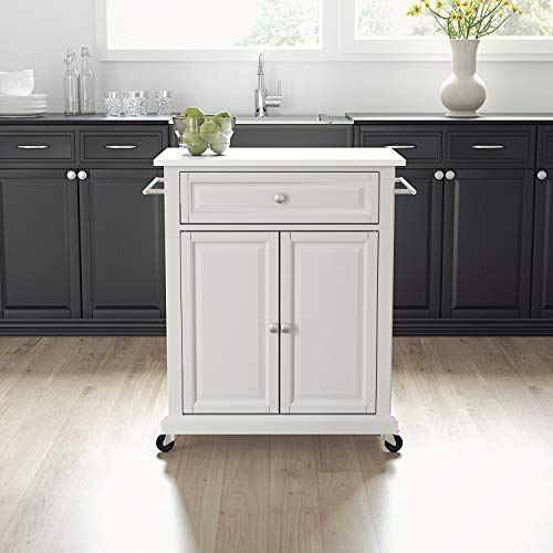 Crosley Furniture Compact Stone Top Small Rolling Cart with Shelves, Microwave Stand with Towel Rack, White - color: White, style: White Granite Top