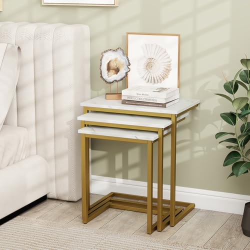 Giantex Nesting Coffee Table Set of 3, Stackable Square End Table w/Faux Marble Tabletop & Heavy-Duty Metal Frame, Farmhouse C-Shaped Accent Table for Small Space, Living Room, Bedroom (White Gold) - color: White Gold
