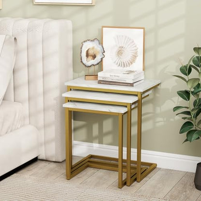 Giantex Nesting Coffee Table Set of 3, Stackable Square End Table w/Faux Marble Tabletop & Heavy-Duty Metal Frame, Farmhouse C-Shaped Accent Table for Small Space, Living Room, Bedroom (White Gold) - color: White Gold