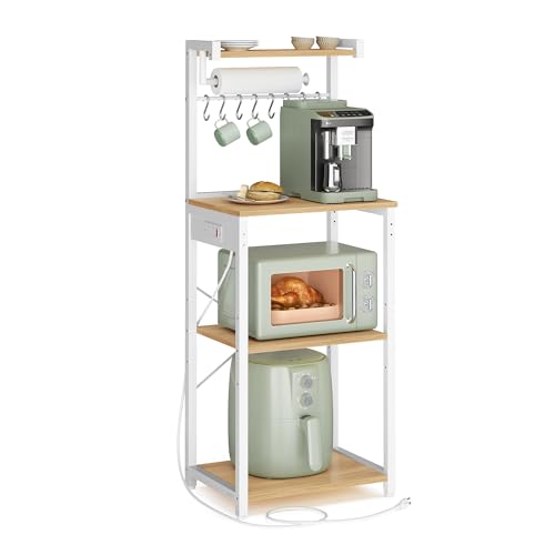 VASAGLE BARNET Collection - Kitchen Bakers Rack with Power Outlet, 17.7-Inch Wide Coffee Bar 4-Tier with 8 S Hooks, Modern Microwave Stand, Adjustable Shelf, Golden Oak and Cloud White UKKS013YA01 - color: Golden Oak + Cloud White, size: 17.7"W