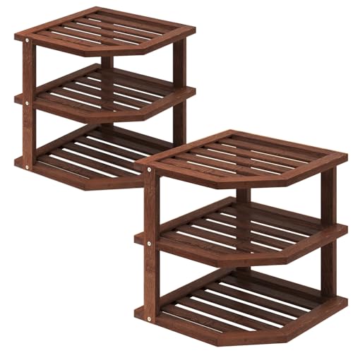 VERTORGAN 3 Tier Bamboo Corner Shelf(2 pack),Dish Drying Rack,Plate Organizer,Kitchen Spice Rack for Countertop and Cabinet,Pantry Organization and Storage(Brown) - color: Brown, size: 2 PC