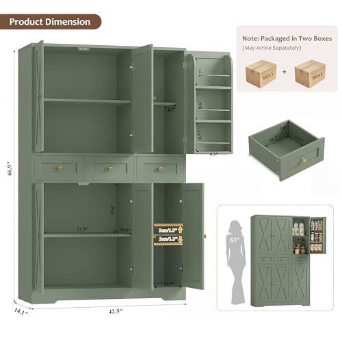 HOSTACK 67"H Farmhouse Kitchen Pantry Storage Cabinet with 3 Drawers, Green | Large Food Pantry Cabinet with Swing-Out Door Rack & Adjustable Shelf for Kitchen, Dining room, Living room - color: Green