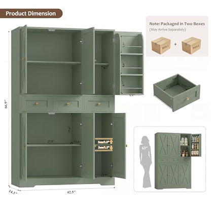 HOSTACK 67"H Farmhouse Kitchen Pantry Storage Cabinet with 3 Drawers, Green | Large Food Pantry Cabinet with Swing-Out Door Rack & Adjustable Shelf for Kitchen, Dining room, Living room - color: Green