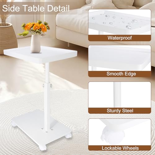 Narrow C Shaped End Tables Living Room, 360° Swivel Adjustable Height Small Side Table, Modern Side Table for Couch Bedroom (White) - color: White