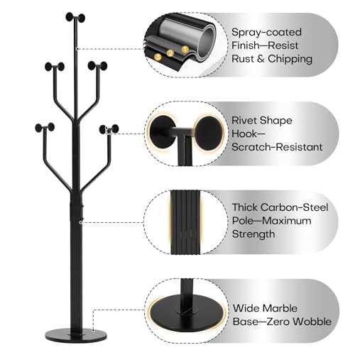 Coat Rack Freestanding Metal Coat Tree with 10 Hooks, Black | Heavy Duty Standing Coat Rack, Stainless Steel Marble Base, Coat Hanger Stand for Bedroom Entryway Hallway, Hat, Bags - color: Black