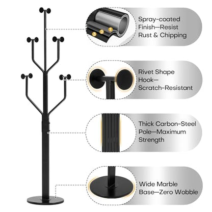 Coat Rack Freestanding Metal Coat Tree with 10 Hooks, Black | Heavy Duty Standing Coat Rack, Stainless Steel Marble Base, Coat Hanger Stand for Bedroom Entryway Hallway, Hat, Bags - color: Black
