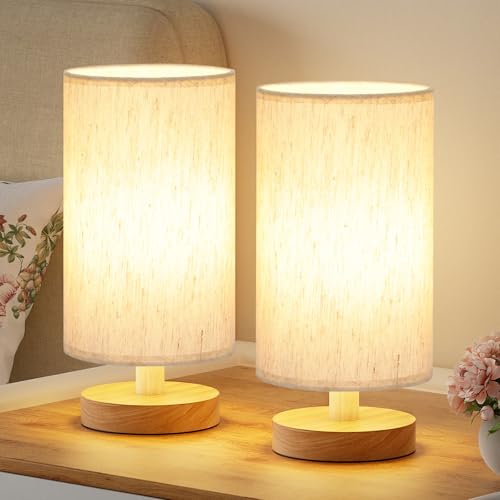 Fenmzee Small Lamps Set of 2 - Inline Control, Bedside Table Lamp for Bedroom with 3000K A15 LED Blub, Easy Assembly (Cream Shade - Wood Base Set of 2, 9" Inline Control) - color: Cream Shade - Wood Base set of 2