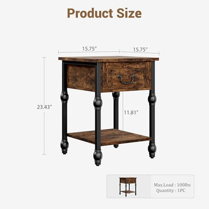GarveeHome End Table, Industrial Side Table with Storage, 2 Tiers Nightstand with Drawer, Featured Bedside for Bedroom, Living Room and Small Space, Retro Brown