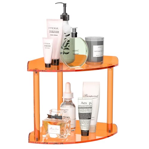 Sezanrpt 2 Tier Countertop Corner Organizer Shelf 7x7x8 Inch, Orange Acrylic Bathroom Corner Shelf for Countertop, Vanity Storage for Skincare, Cosmetics, Perfume - color: Orange, size: 7x7x8.3 Inch