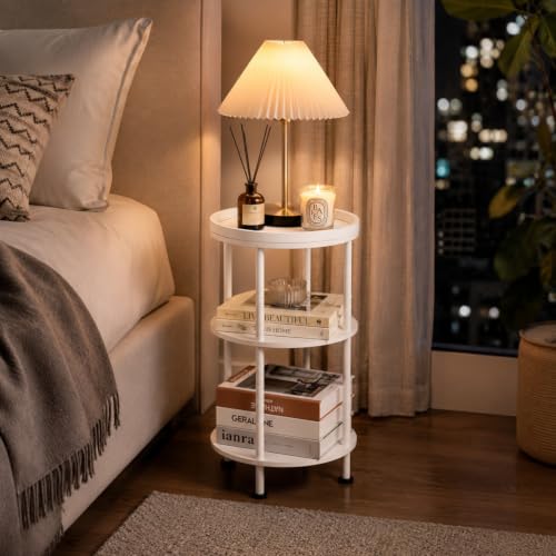 Small Round Side Table with Tray Top (Patented Design), 11.8" Narrow End Table for Small Spaces, 3-Tier Modern White Nightstand, Original Accent Furniture for Living Room Bedroom (Classic, White) - color: White, style: Classic
