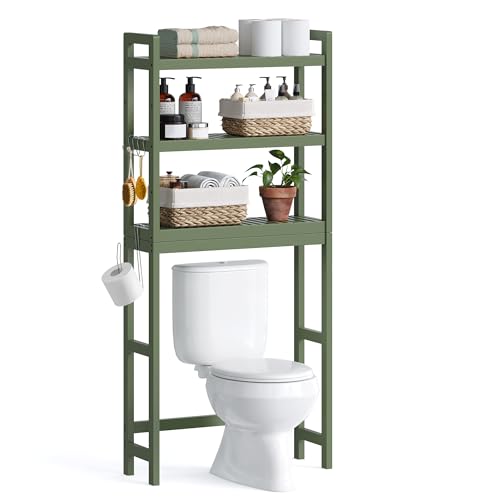SONGMICS Over The Toilet Storage, 3-Tier Over Toilet Bathroom Organizer with Adjustable Shelf, 10.2 x 24.8 x 66.9 Inches, Space-Saving, Forest Green UBTS001C01 - color: Forest Green, size: 3 Tiers (66.9"H)