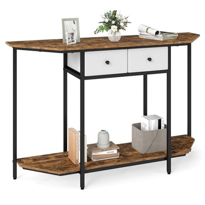 GOFLAME Entryway Table with 2 Fabric Drawers, 51“ Narrow Sofa Table with Open Storage Shelf, Heavy-Duty Frame, Industrial Half Moon Console Table for Living Room, Hallway, Rustic Brown