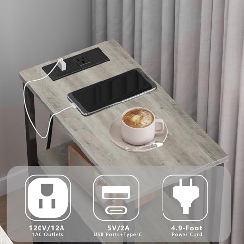 TUTOTAK Small Narrow End Table with Charging Station, Set of 2, Side Table with Outlets, Nightstand with 2 Cloth Drawers, Couch Table, for Living Room, Bedroom, Bedside, Greige TB01BG055 - color: Greige, style: 2 Drawers & Plug