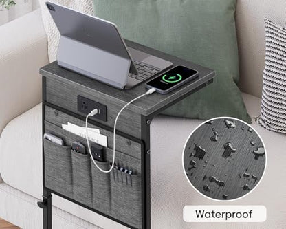 Vagusicc C-Shaped End Table with Charging Station, Small Side Table for Couch, 33" Tall Adjustable Height C Table, Couch Tables that Slide Under, Sofa Table TV Tray for Living Room, Gray Walnut - color: 1pc Gray Walnut