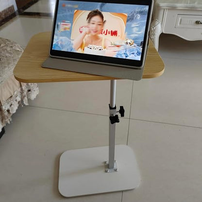FuturelOT Sofa Couch Arm Table Tv Tray Small Bedside Table C Shaped Adjustable Height Side End Tables for Living Room, Bedroom, White + Natural Wood - color: White + Natural Wood