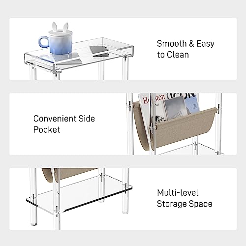 Eglaf Acrylic Narrow Side Table for Small Spaces - Slim End Table | Skinny Side Table with Magazine Holder, Small Bedside Table Nightstand for Living Room Bedroom, 15.7” L x 7” W x 23.9” H