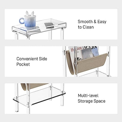 Eglaf Acrylic Narrow Side Table for Small Spaces - Slim End Table | Skinny Side Table with Magazine Holder, Small Bedside Table Nightstand for Living Room Bedroom, 15.7” L x 7” W x 23.9” H