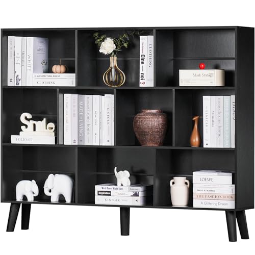 YAHARBO 10 Cube Large Bookshelf,3 Tier Bookcase with Legs,Black Mid-Century Modern Bookshelves,Wide Free Standing Open Storage Organizer Shelf,Tall Wooden Book Case Furniture for Living Room,Office - color: Black, size: 140CM