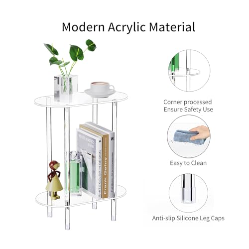 Clear Acrylic Narrow Side Table Set of 2 for Small Spaces, 15.75" L x 7.87" W x 19.82" H, 2 Tier Oval Slim End Table Nightstand, Small Skinny Bedside Table for Bedroom, Bathroom, Living Room - size: 2 Tier Oval 2-Pack
