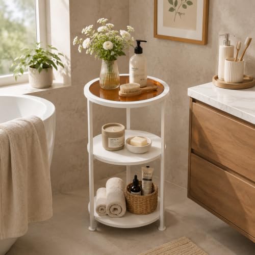 Modern 3-Tier Round End Table with Amber Tempered Glass Top, 11.8" Small Side Table for Living Room, Bedside Nightstand with Metal Frame & MDF Shelves for Small Spaces, White & Gold-Tone Accents - color: White