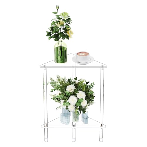Clear Triangle Acrylic Side Table for Small Space, 11.81" L x 11.81" W x 19.82" H, 2-Tier Transparent Corner Shelf Stand End Table, Corner Storage Display Rack for Living Room Bedroom Bathroom - size: 2 Tier 1-Pack