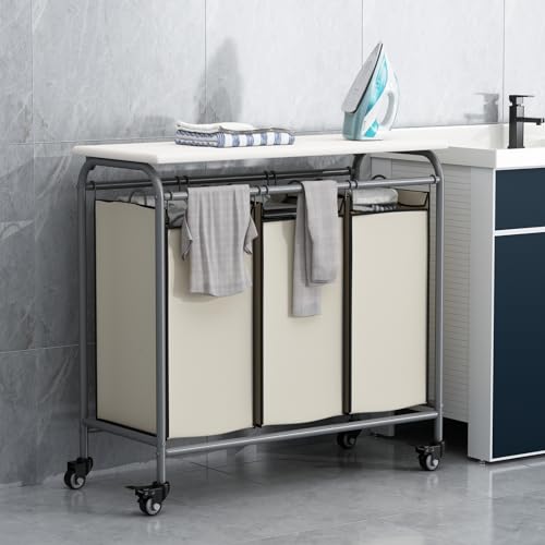 LINZINAR 3-Bag Laundry Hamper with Ironing Board, Beige 135L Laundry Sorter | Laundry Room Organization with Heavy Duty Rolling Lockable Wheels and Removable Bag, Bedroom Laundry Cart for Clothes Storage - size: 3 Bags Beige with Board