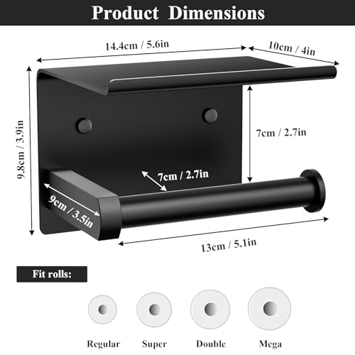 Tindbea Toilet Paper Holder with Phone Shelf, Adhesive or Screw Wall Mount Toilet Tissue Roll Holder, Rustproof & Multifunctional Stainless Steel Bathroom Storage Dispenser (Matte Black) | Heavy Duty Stainless Steel Matte Black - color: B-matte Black