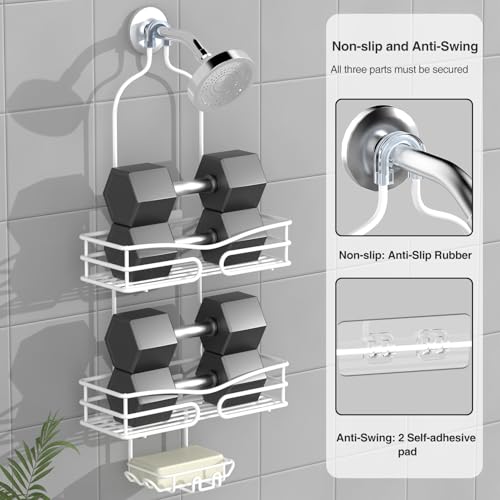 DAOYA Over Head Shower Caddy - Bathroom Shower Organizer with Soap Holder & 6 Hooks for Towels, White, 76L Capacity, Hanging Mount, Rust Resistant - color: White